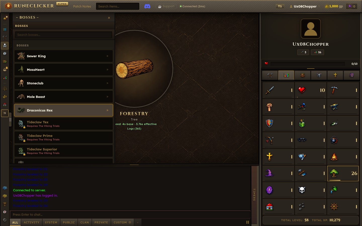 RuneClicker gameplay — boss list, skilling and the bank